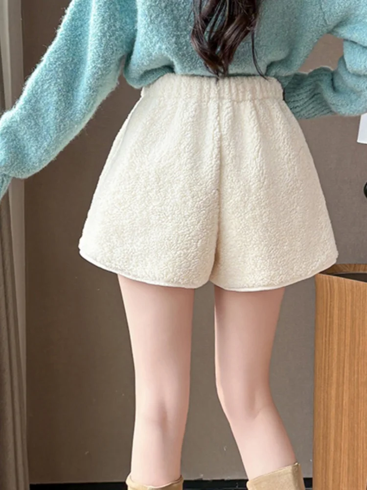 SMTHMA, nuevos pantalones cortos de lana de cordero para otoño e invierno para mujer con cordón, pantalones de pierna ancha con cintura elástica