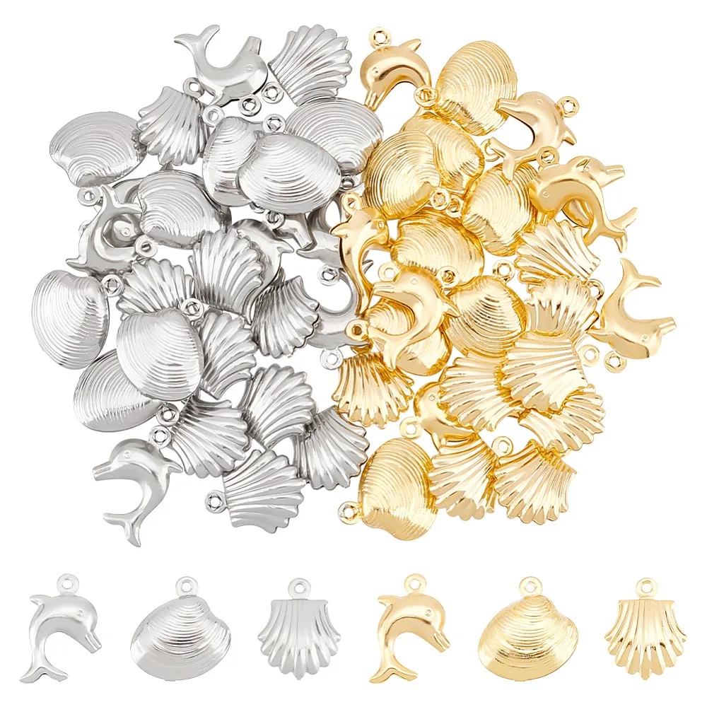 

1box 48pcs 6 style 304 Stainless Steel Shell Shapes Dolphin Mixed color 13.5~14.5x10.5~14x3.5~4.5mm Hole: 1mm 8pcs/style