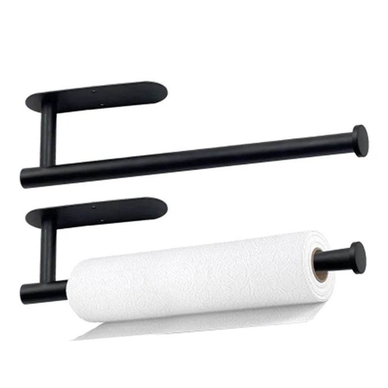 2 Pack Versatile Paper Towel Holder, Stainless Steel Black Wall Mount Or Self-Adhesive Durable Easy To Use