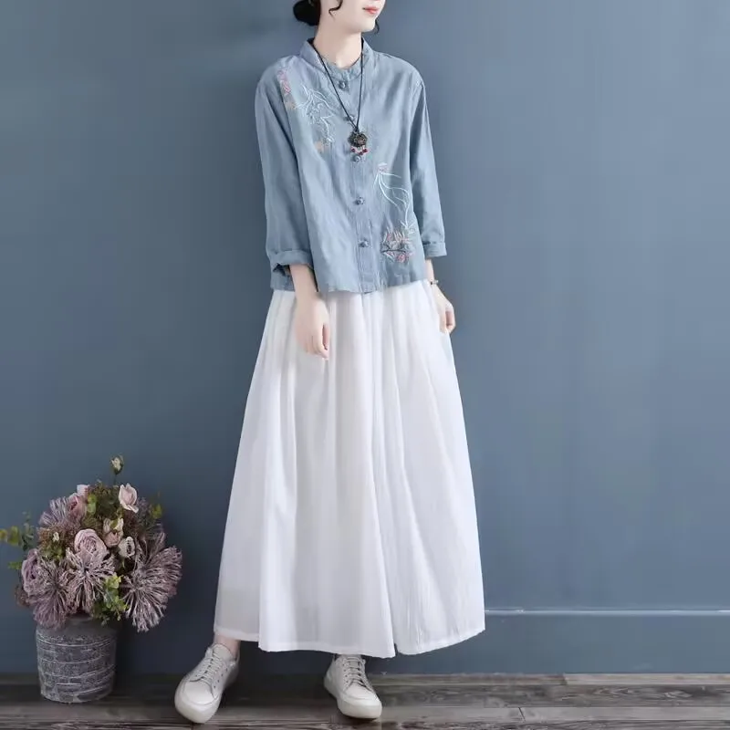 Kemeja Lengan Panjang Bordir Gaya Cina Wanita Katun Linen Kerah Tegak Pakaian Teh Vintage Kasual Atasan Wanita Hanfu