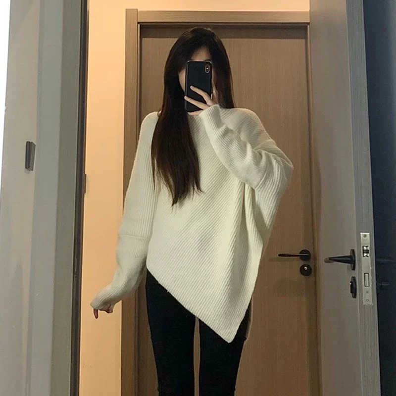 Thick Warn Women Sweaters Pullovers Korean Asymmetrical Loose Female Casual Tops Harajuku Turtleneck All Match Ladies Sweaters