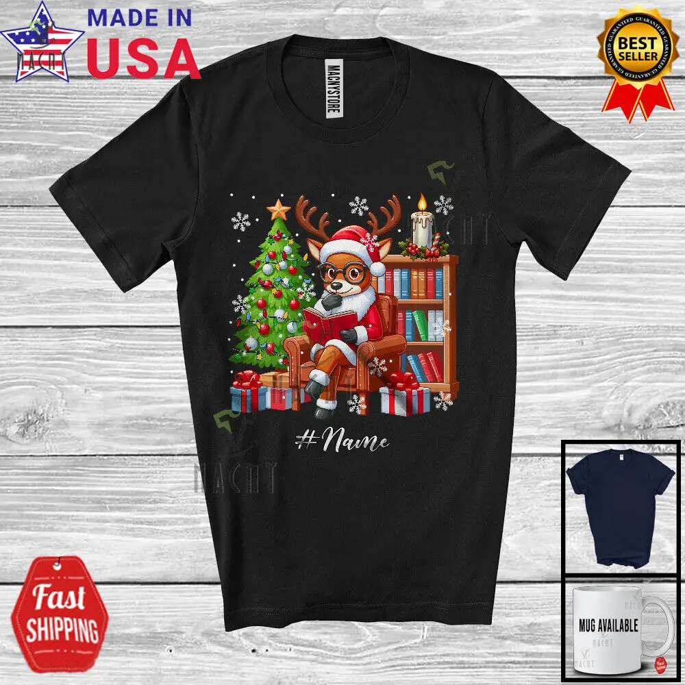 

Reindeer Reading Book; Christmas Tree; Custom Name Librarian Bookworm T-Shirt