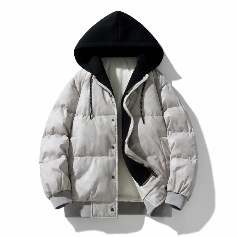 

Thickened Winter Cotton Jacket for Men Hooded Warmth Youth Fashion Anti-Cold Outerwear Casual Zipper Closure Solid Color