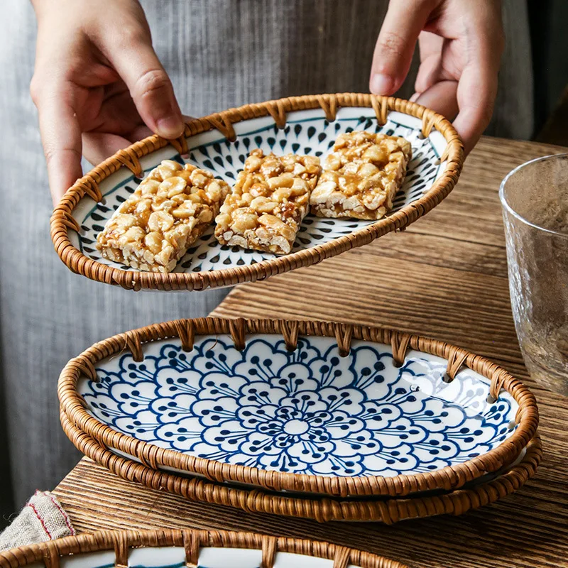 

Японская керамическая тарелка из ротанга, тканая тарелка с фруктами, закуски, торт, хлеб, блюдо для гостиной, послеобеденный чай, кухонные аксессуары