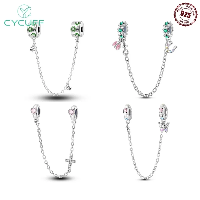 New 925 Sterling Silver lucky Four-leaf clover Safety Chain Bead Suitable For Ladies Original DIY Bracelet Gift Jewelry Charm