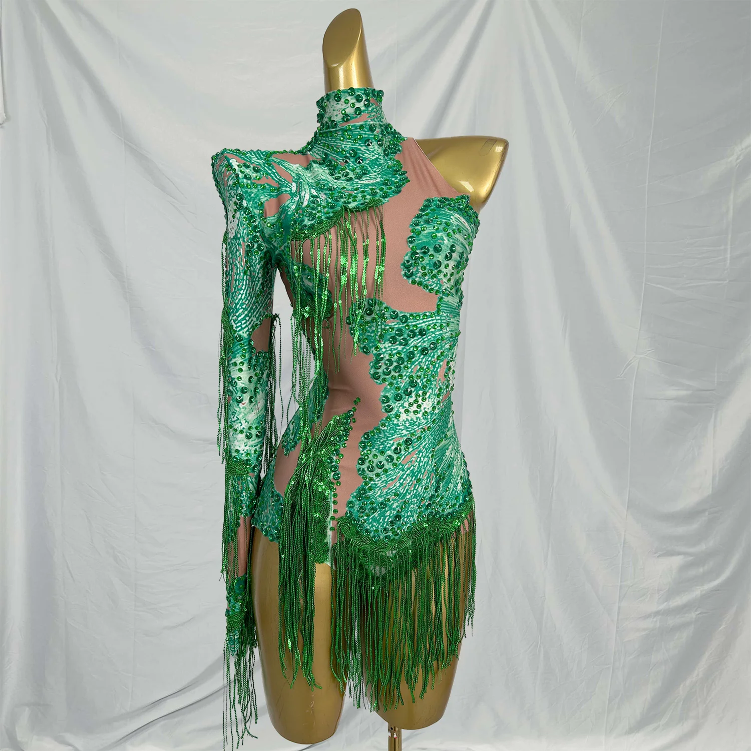 Kombinezon damski z jednym rękawem, frędzlami i dżetami, strój na karnawał, imprezę, festiwal, kostium sceniczny, body.