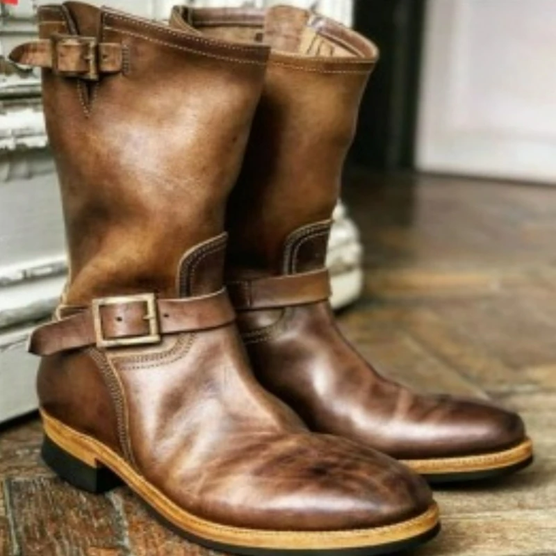 Retro Outdoor Western Cowboy Stiefel Mittelhoch Rund Mittelalterliche Motorradstiefel für Herren Trendige PU-Leder Schnallenstiefel – Detail 5