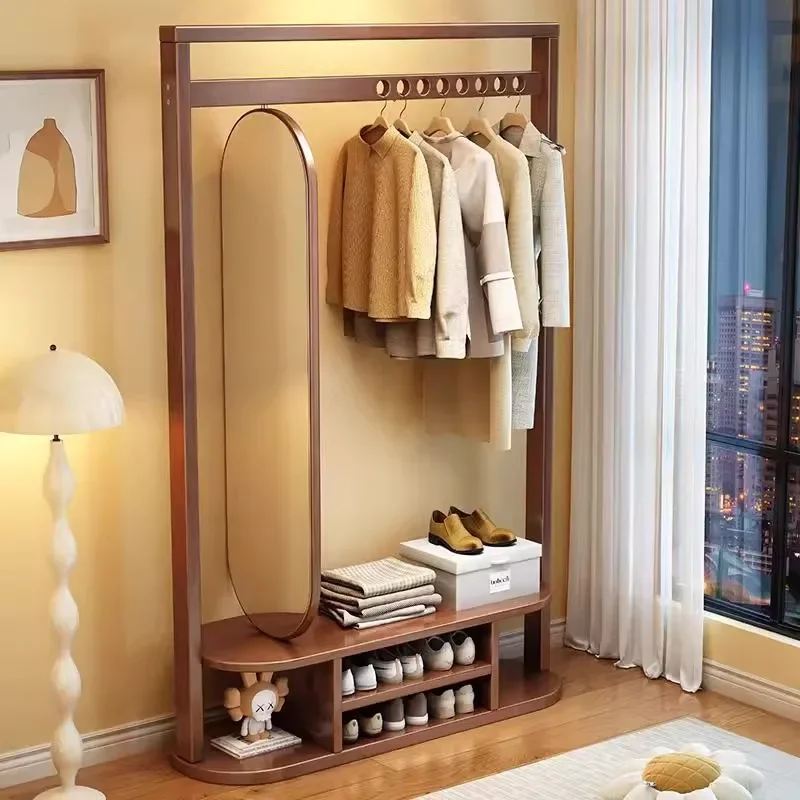 Solid wood floor coat rack, bedroom, household room, hanger, full-length mirror, integrated multi-functional drying rack with mi