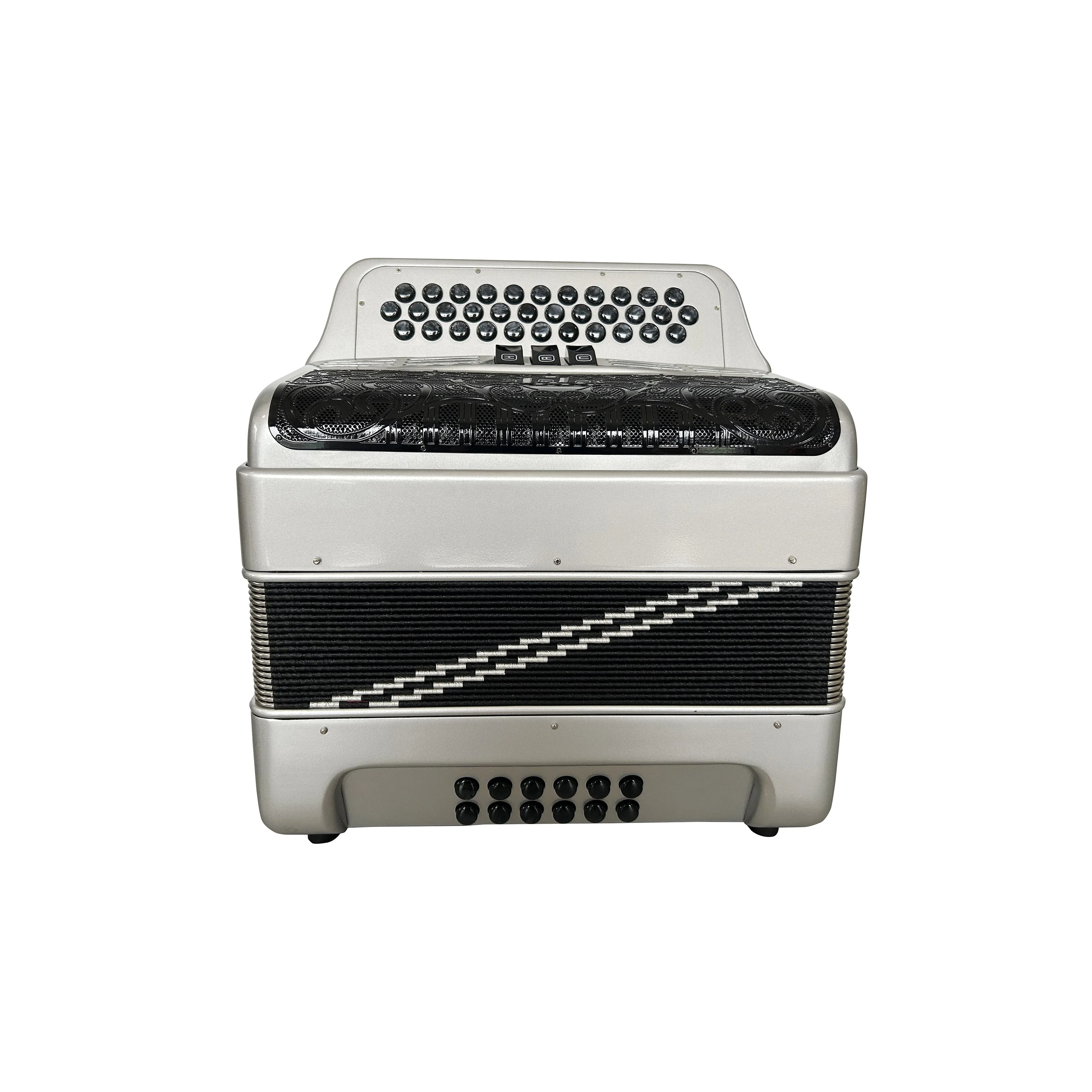 Профессиональный музыкальный аккордеон JB3412C с 34 кнопками, 12 басами и 3 регистрами серебристого и черного цвета, черные кнопки и гриль