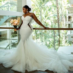 2026 Mermaid Wedding Dresses for Bride Sheer Neck Long Sleeve See Through Pearls Beading Nigeria African Bridal Gowns Customized