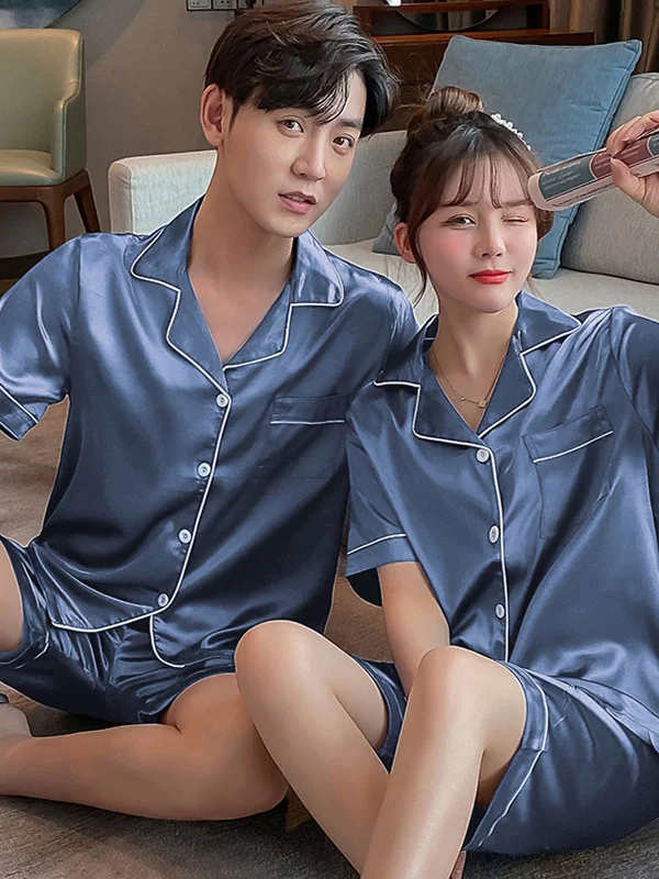 Pijama de Verão em Seda Gelada para Casais, Manga Curta, Roupa de Casa, Conjunto Masculino de Cor Lisa e Sensação Premium, Co...