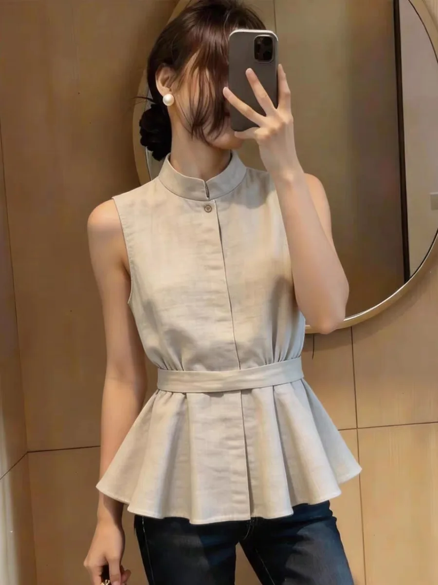 

Retro Stand Collar Sleeveless Vest Women's Summer Waist Cinching Design Sense Small Audience Tie Banded Lace Trim High-End Fe...
