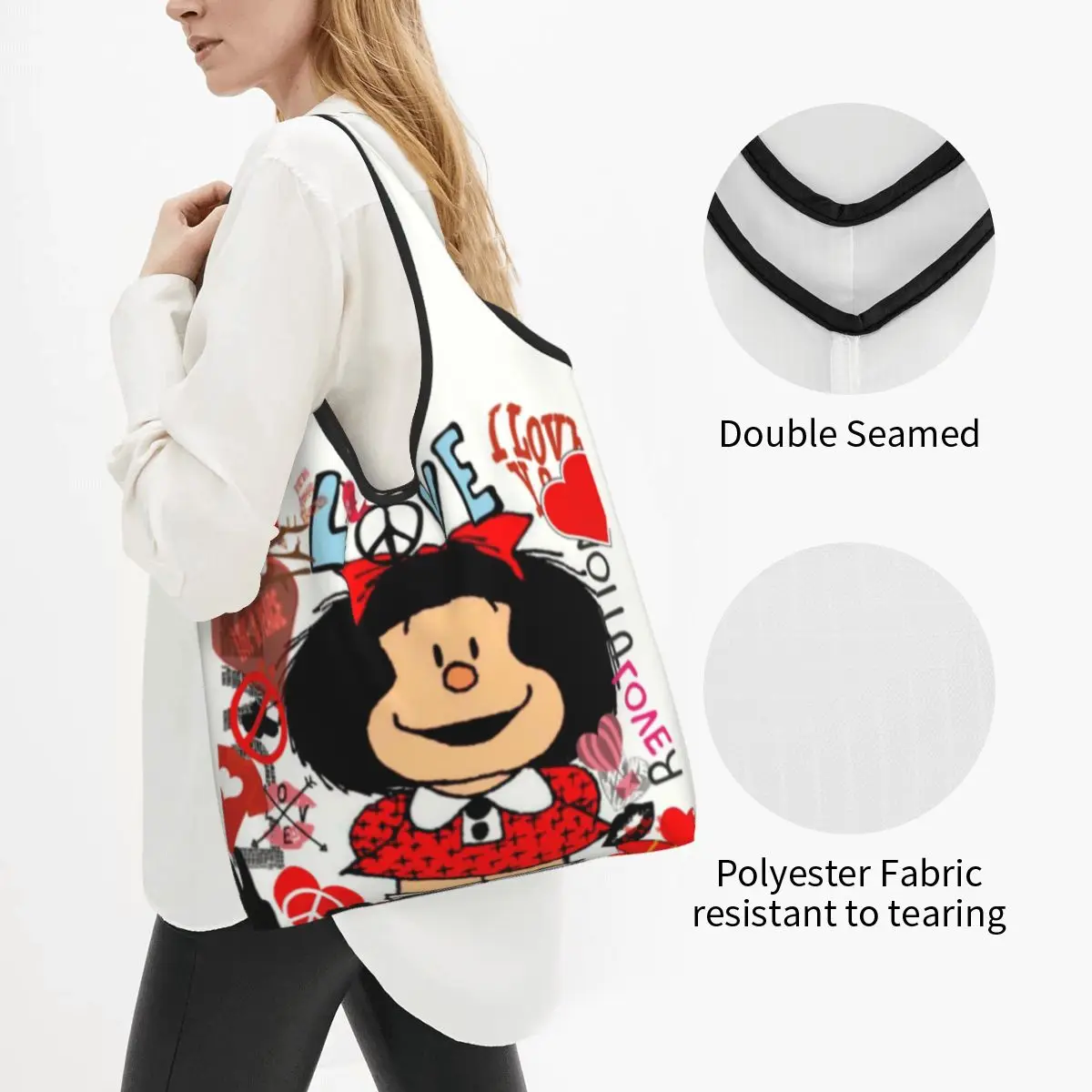 Custom Love And Mafalda circondato da Hearts Shopping Bags portatile di grande capacità generi alimentari Manga Cartoon Shopper Tote Bags