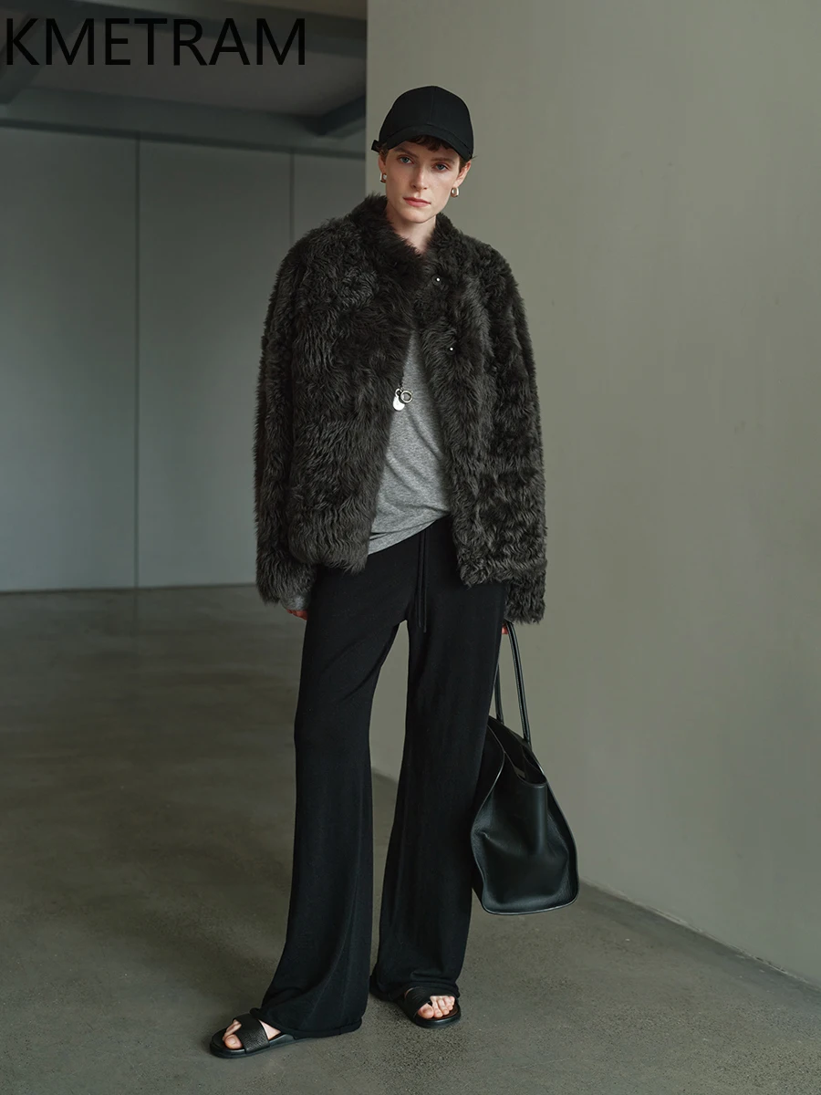 Damska krótka kurtka z prawdziwego futra owczego z naturalnej wełny toskanckiej, dwustronna, w stylu \"old money\", zimowe ubrania damskie, шуба 2025