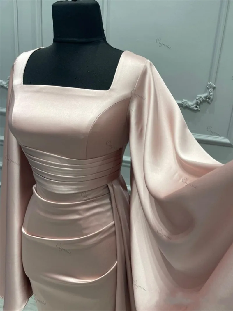 Customized Elegant Dubai Luxury Evening Dresses For Women Solid Satin Pleated Full Sleeves Formal Prom Gowns Mermaid فساتين السه