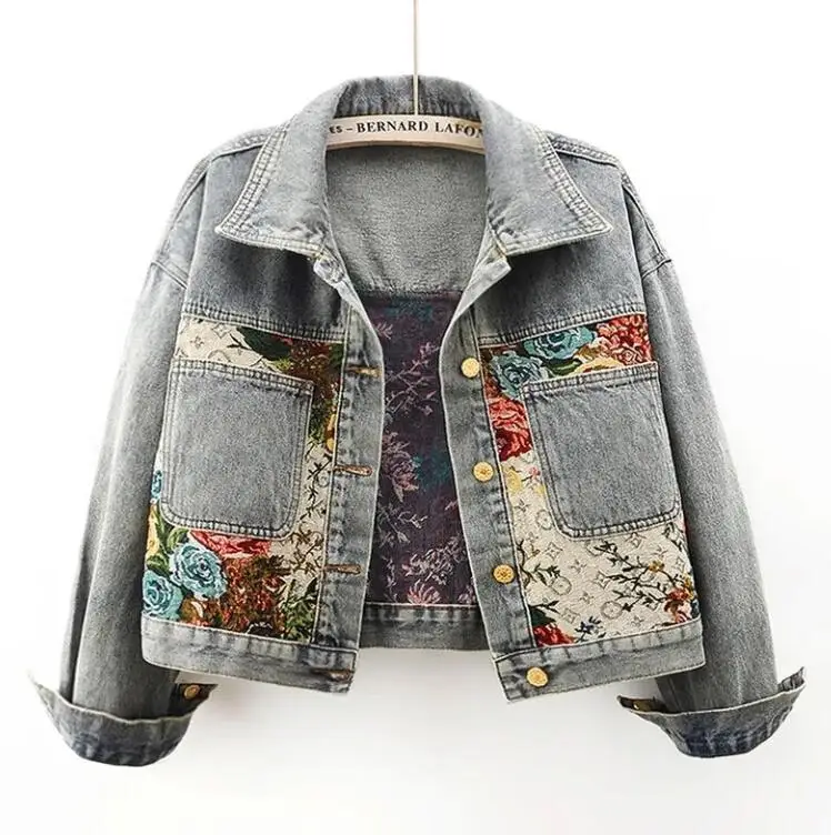 Female Splicing Large Pockets Denim Jacket Fashion Jacquard Embroidery  Slim Short Cowboy Outerwear Printed Denim Jacket