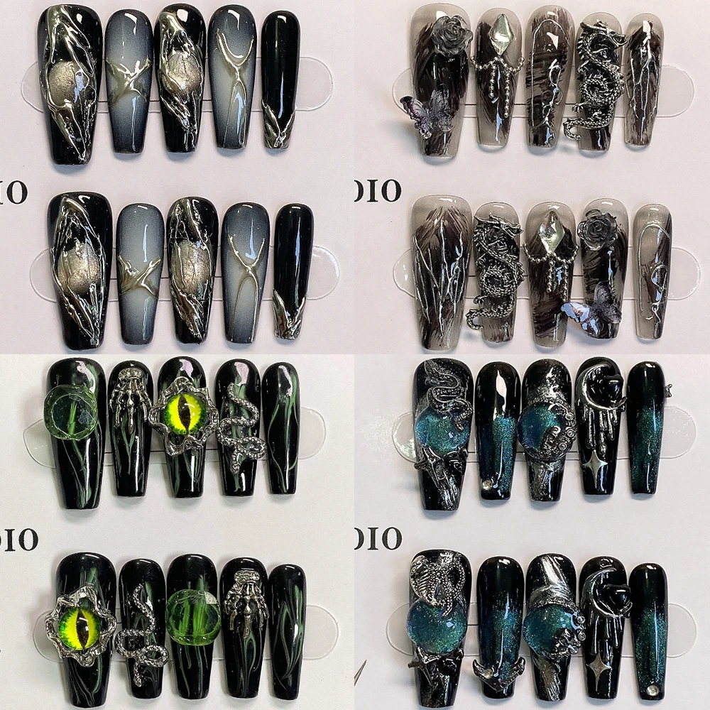 

10Pcs Y2K Punk Style Long Coffin Handmade Press On Nails Metal Chain Dragon Snake Magic Mirror Powder Rhinestone Full Cover Nail