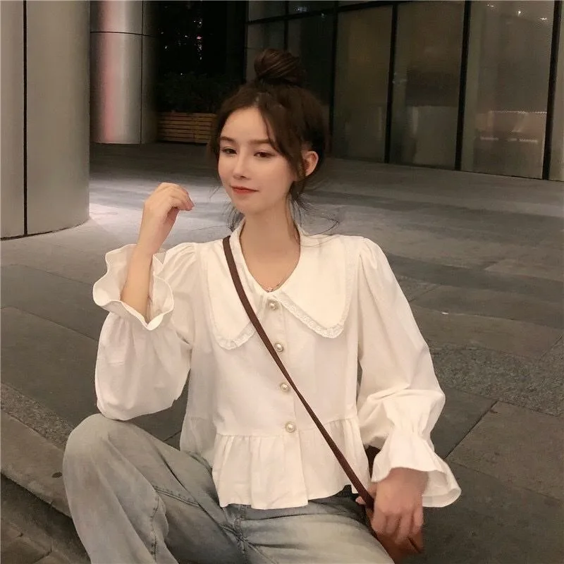 Korean Style Women Shirt Long Sleeve White Top Female Autumn Peter Pan Collar Fashion Woman Blouse 2024 Lace Ruffles Clothes New