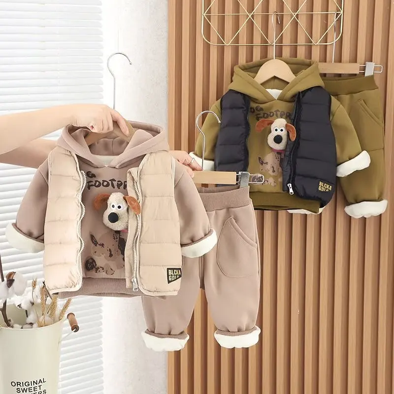 Boys and girls thickened suit winter children\'s velvet vest Hoodies pants three-piece set hooded clothes winter fashion