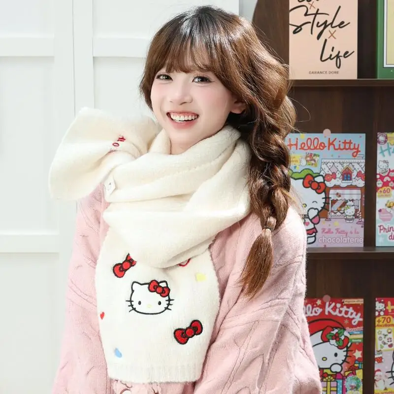

Hello Kitty Kawaii Girls Scarf Hat Sanrio New Girly Style Knitting Trend Windproof Warm Scarf Hat Thicken Soft Festival Gift