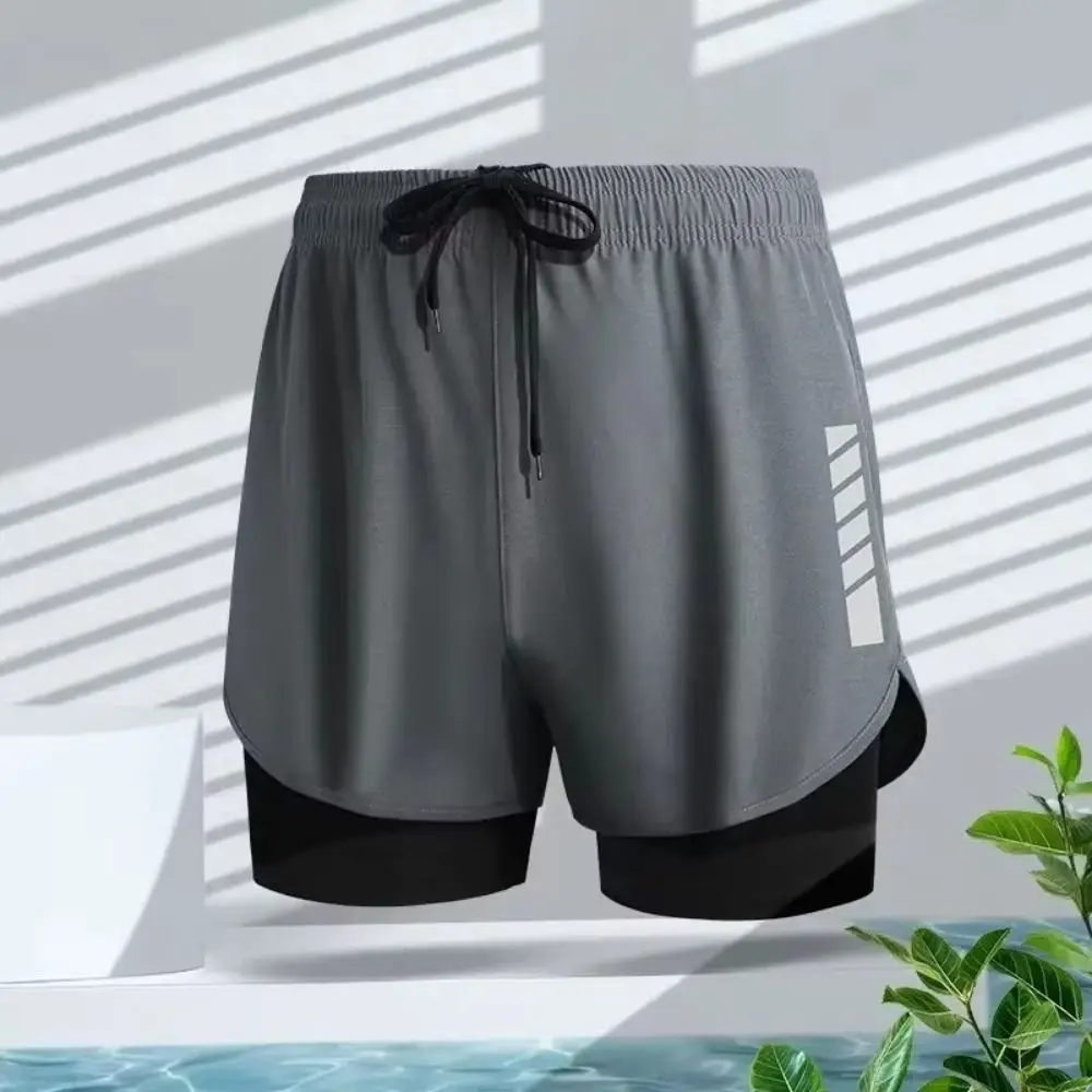 Stripe Swimming Trunks Shorts Double Layer Anti Glare Men Sports Training Shorts Mid Waist Quick-drying Men's Jogging Shorts