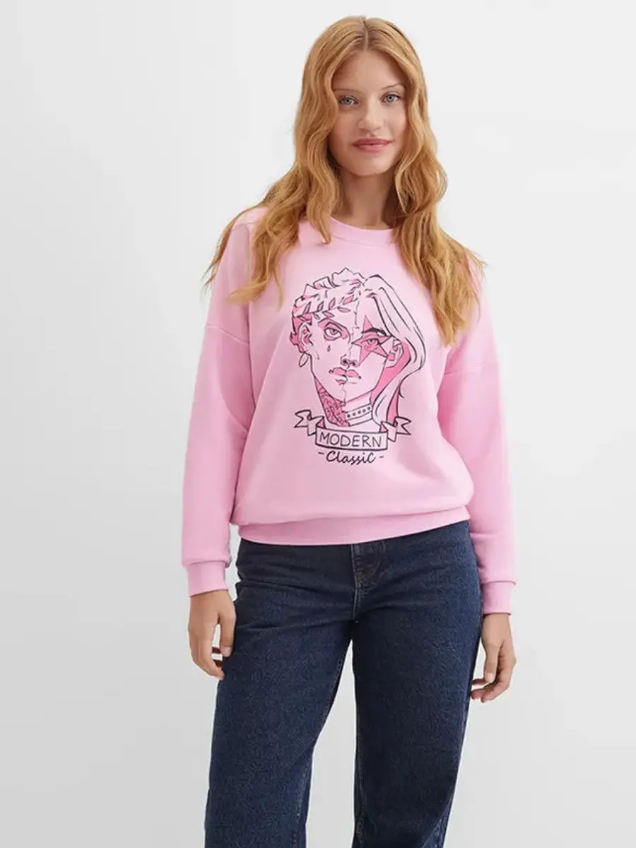 Urocze bluzy w stylu francuskim z różowym nadrukiem, eleganckie damskie bluzy streetwearowe z okrągłym dekoltem, oversize, modne jesienne bluzy z długim rękawem.