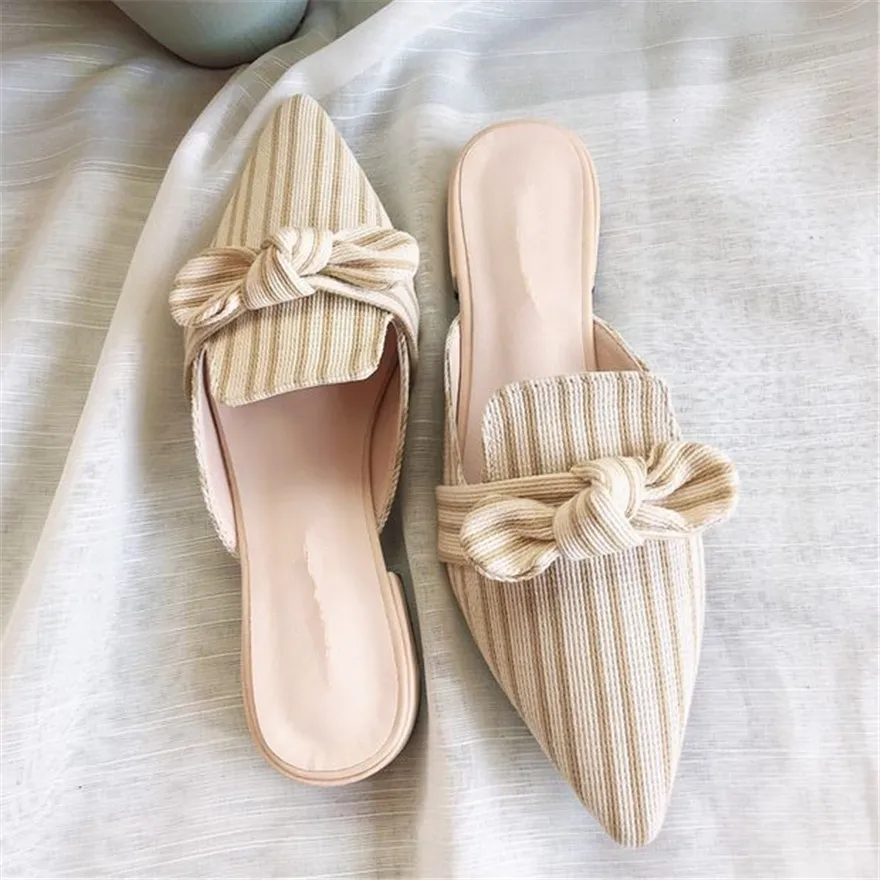 Kobieta moda Bowknot paski Muller buty szpiczasty nosek letnie kwadratowe wysokie obcasy klapki damskie kobiece rozrywka klapki 34-42