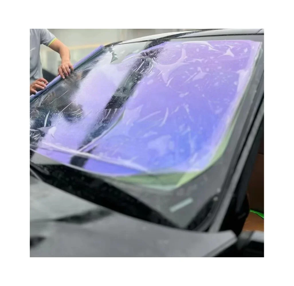 

80% VLT Blue Purple Chameleon PET Solar Window Film UV Proof Car Windshield Tint Rolls with Color Changing Function
