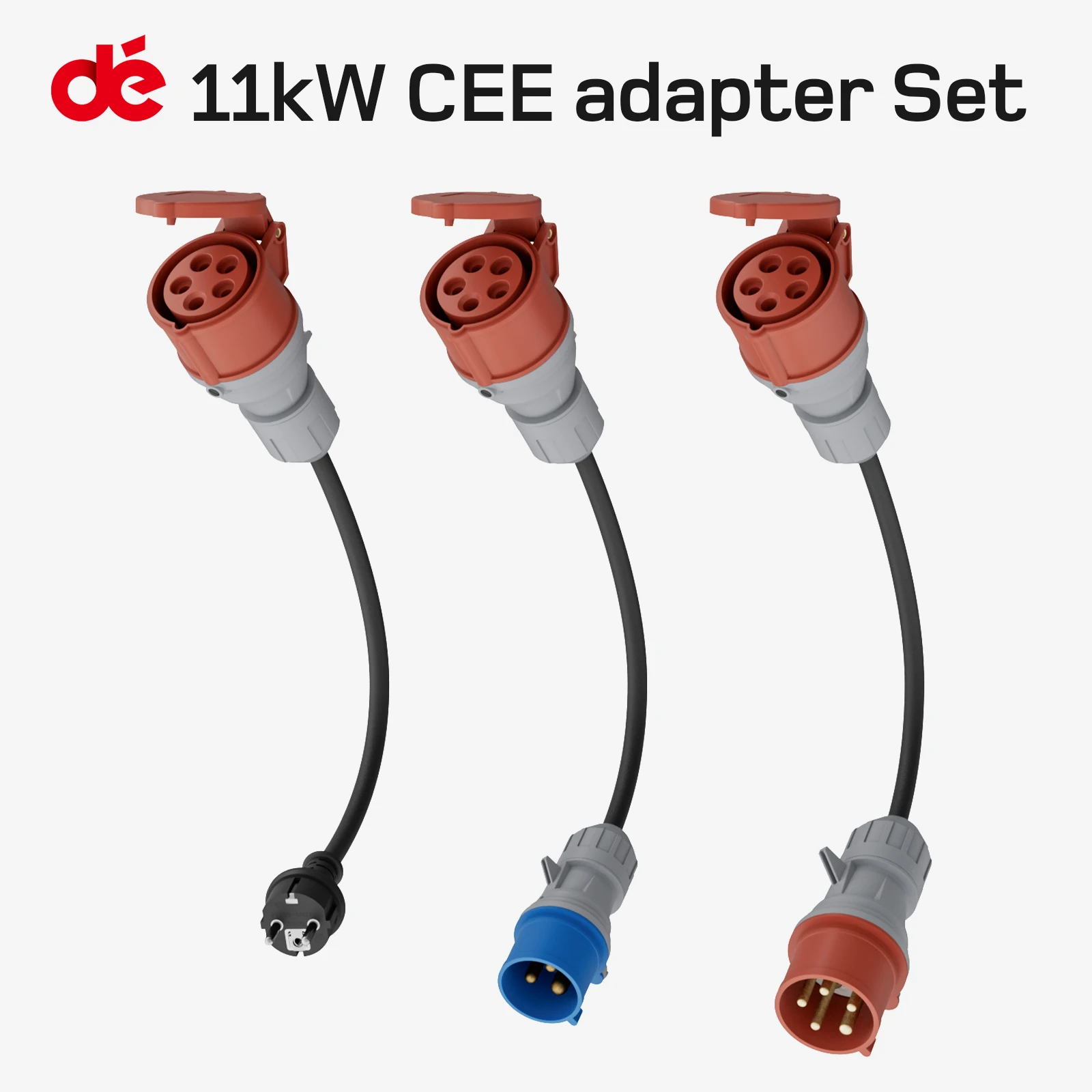 dé 11kW CEE 16A 5Pin Adapter Set Including 3Phase 32A Red, 1Phase 16A Blue, 1-Phase Schuko Plug for Charging Station EV Charger