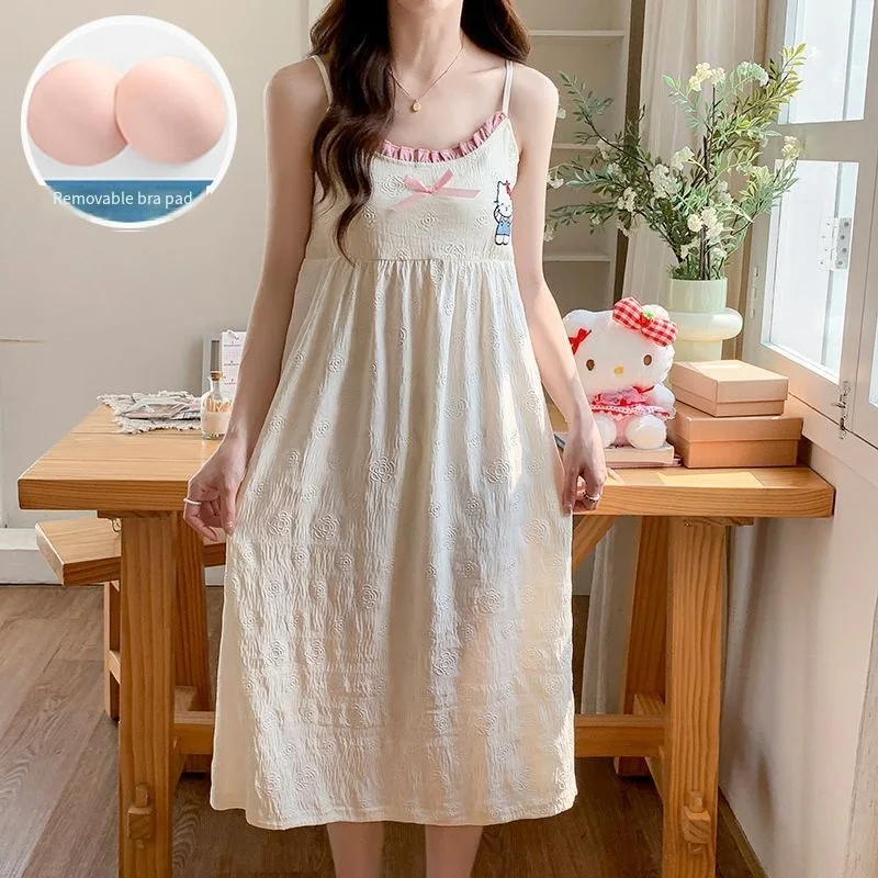 

Sanrio Hello Kitty Hot Sexy Pajamas Dress Women's Long Dresses Sleeveless Sleepwear Cute Cartoon Halter Night Skirt Home Clothes