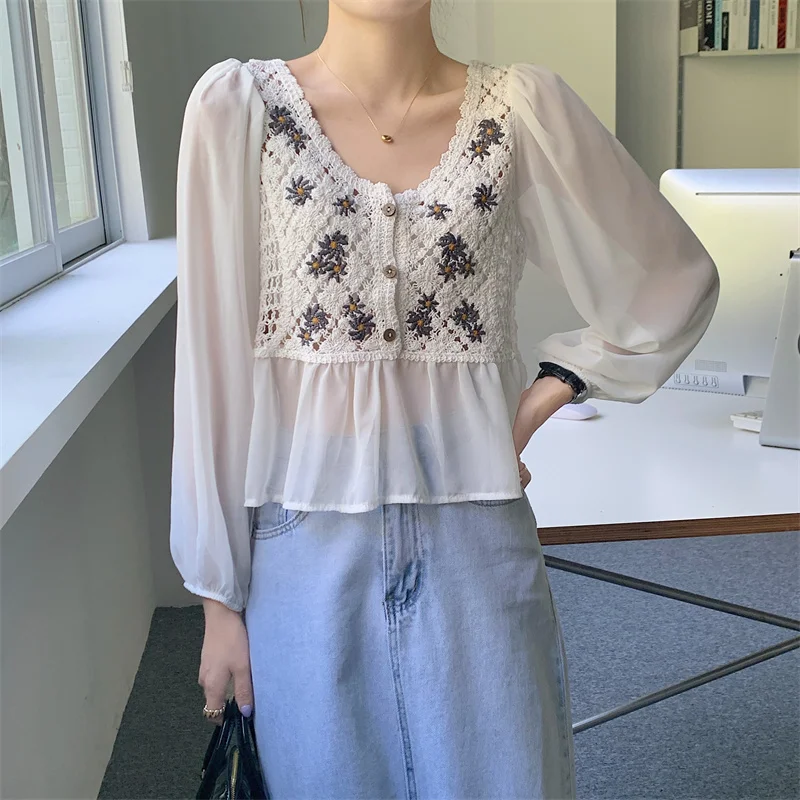 Spring Summer Embroidery Chiffon Women's Blouse 2023 New Long Puff Sleeve V-Neck Mesh Patchwork Korean Shirts Female