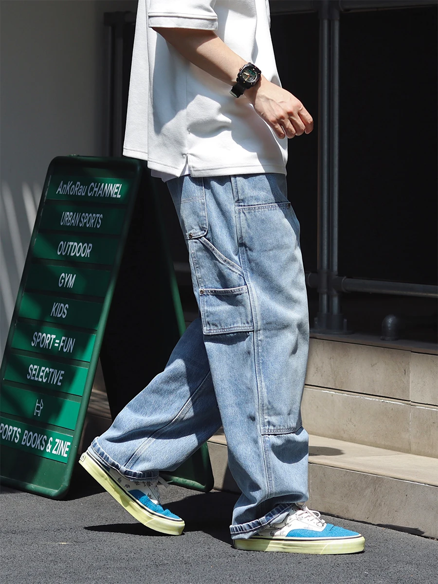 

Новинка 2023, мужские свободные прямые брюки в японском стиле ретро B0 с двойными коленями, рабочая одежда, джинсы, повседневная молодежная хлопковая одежда...