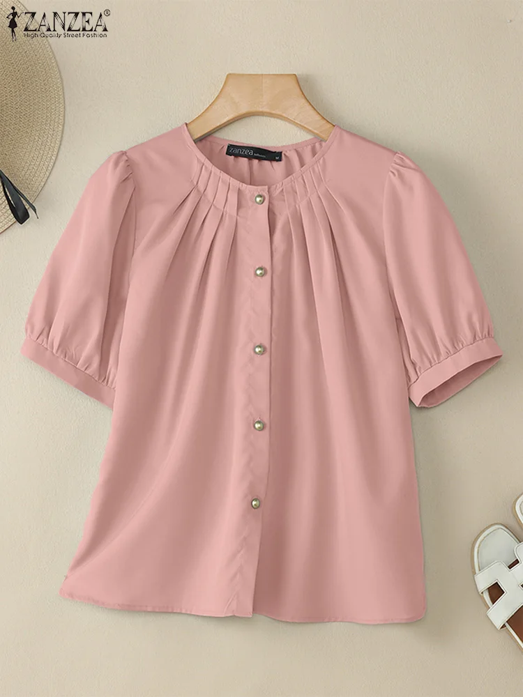 

2025 Women Summer Short Sleeve Shirt ZANZEA Stylish Work OL Blouse Solid Pleated Blusas Elegant Casual O Neck Holiday Tops Tunic