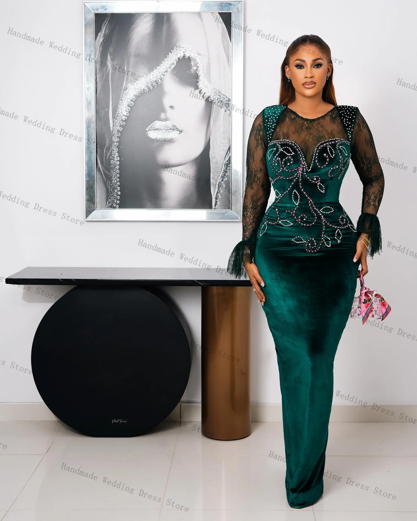 Vestido de fiesta de terciopelo verde, vestido de novia Sexy transparente de manga larga con cristales de piedra, vestido largo de sirena personalizado con cordones en la espalda