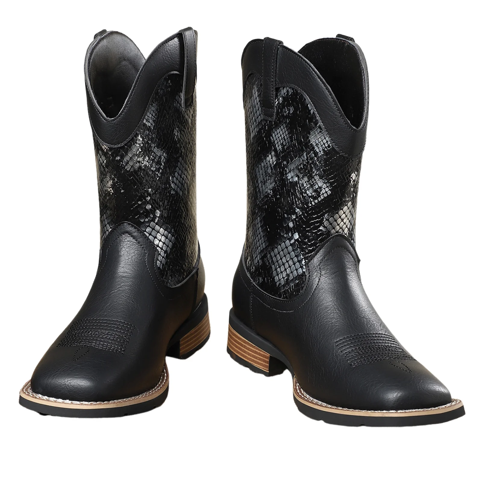 

Mens Medieval Western Cowboy Boots Pirate Snakeskin Embroidery Mid-Calf Boot for Halloween
