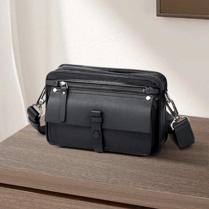 Real leather men's crossbody bag fashion commuting clamshell horizontal square shoulder bag for men