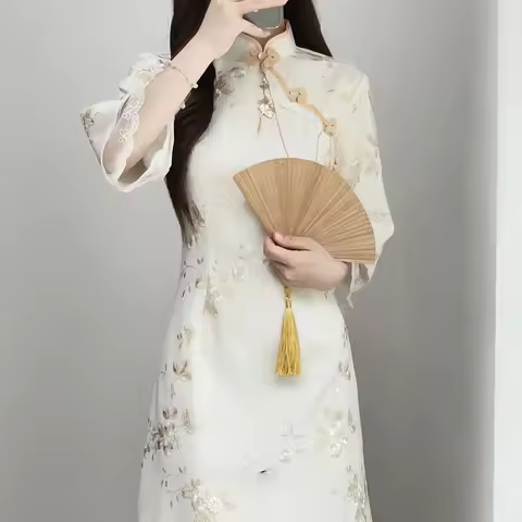 Chinese Traditional Qipao Dress Women Beige Flowers Printed Stand Collar Mid Sleeve Cheongsam Women Elegant Evening Dresses