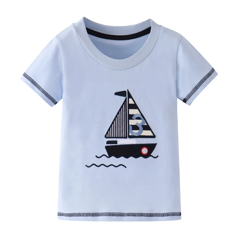 2-7T Short Sleeve Boys Tshirts Sailboats Embroidery Kids T Shirts Summer Children's Clothing Fashion Baby Tees Tops