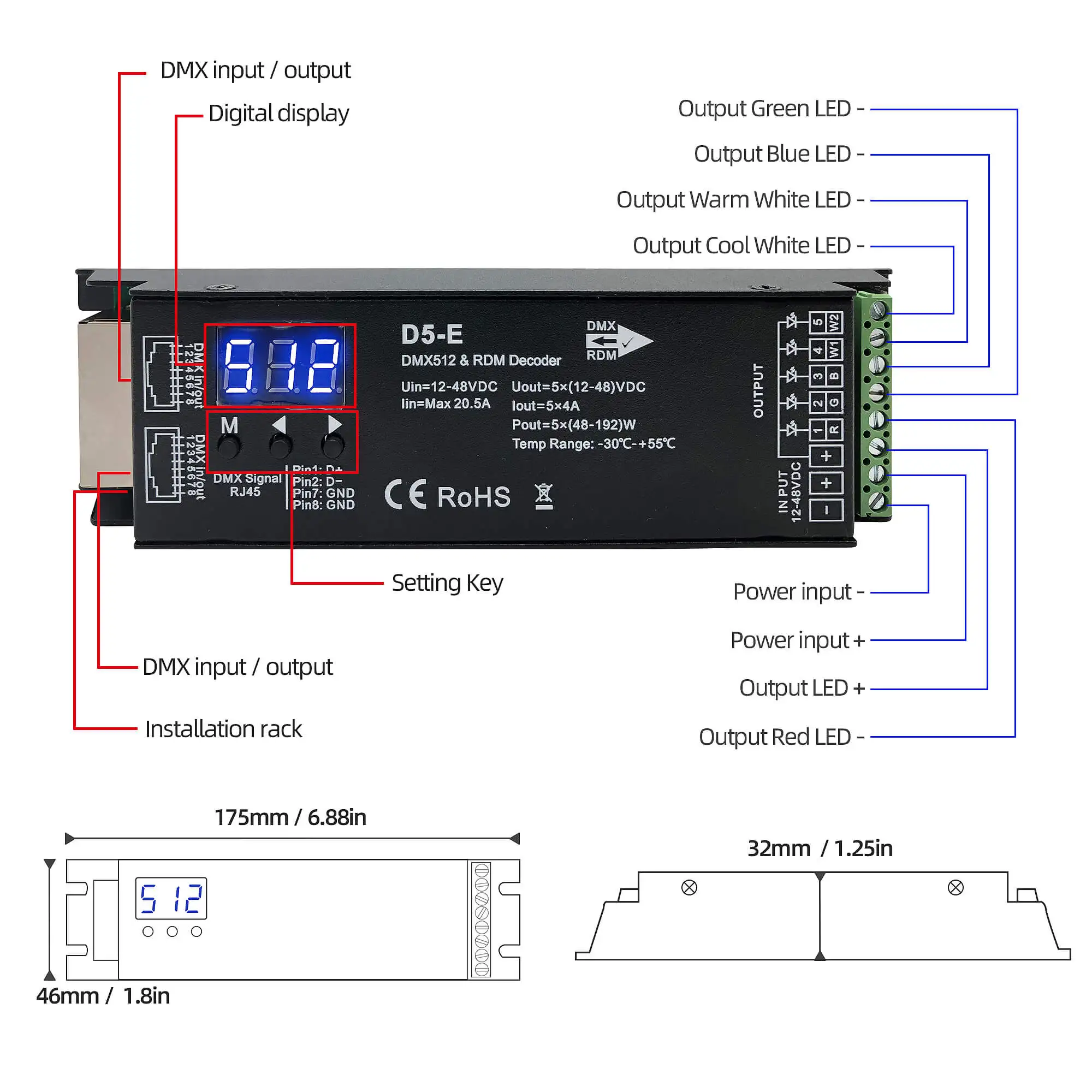 Imagem -04 - Canais Dmx512 Decodificador Dimmer Driver Pwm Led Controlador para Dc12v48v com Display Digital Rdm para Rgbcct Rgbww Rgbw Luz 5