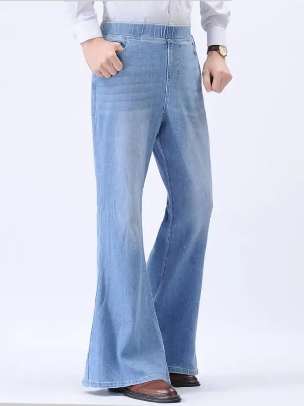 

Мужские джинсы-багги в стиле ретро, с высокой эластичностью, зауженные к низу, длинные брюки из денима, с эластичным поясом, для широких ног, повседневная одежда