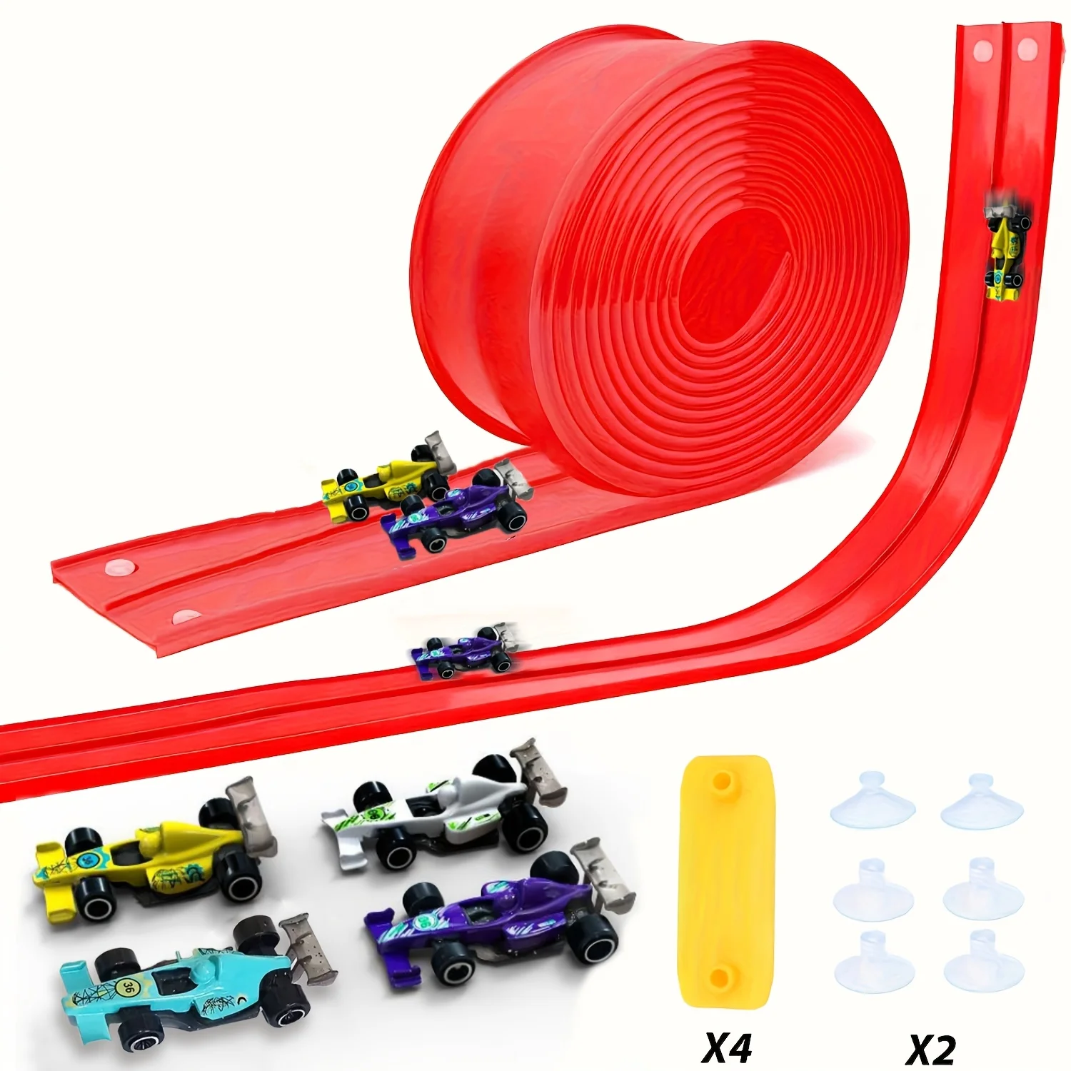 Flexible Bendable Race Track Toy 4m DIY Racing Ramp Set with 4 Diecast Race Cars Suction Cups Kids Educational Gift for Boys Gir