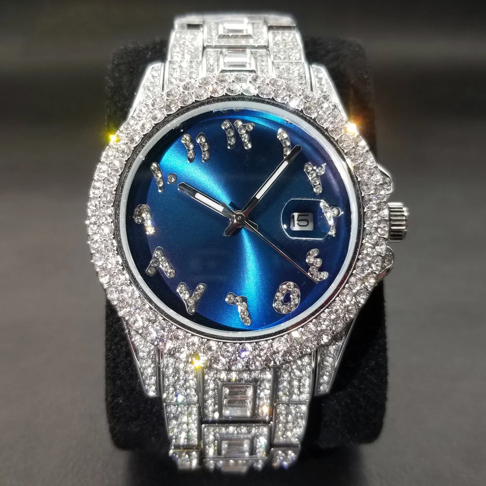 Original Diamond Watch For Men Luxury Hip Hop Blue Dial Watches Unique Bling Ice Out Luminous Waterproof relogios masculino Hot