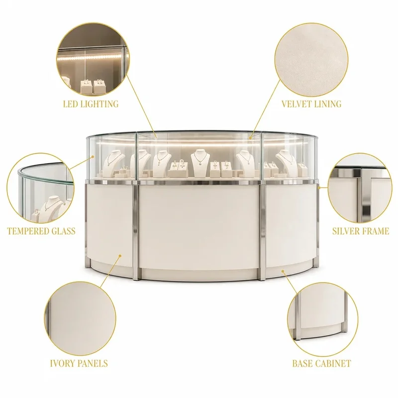 custom.Custom Made Turnkey Walnut Wood Jewelry Display Set with LED Lighting White Gold Mall Kiosk