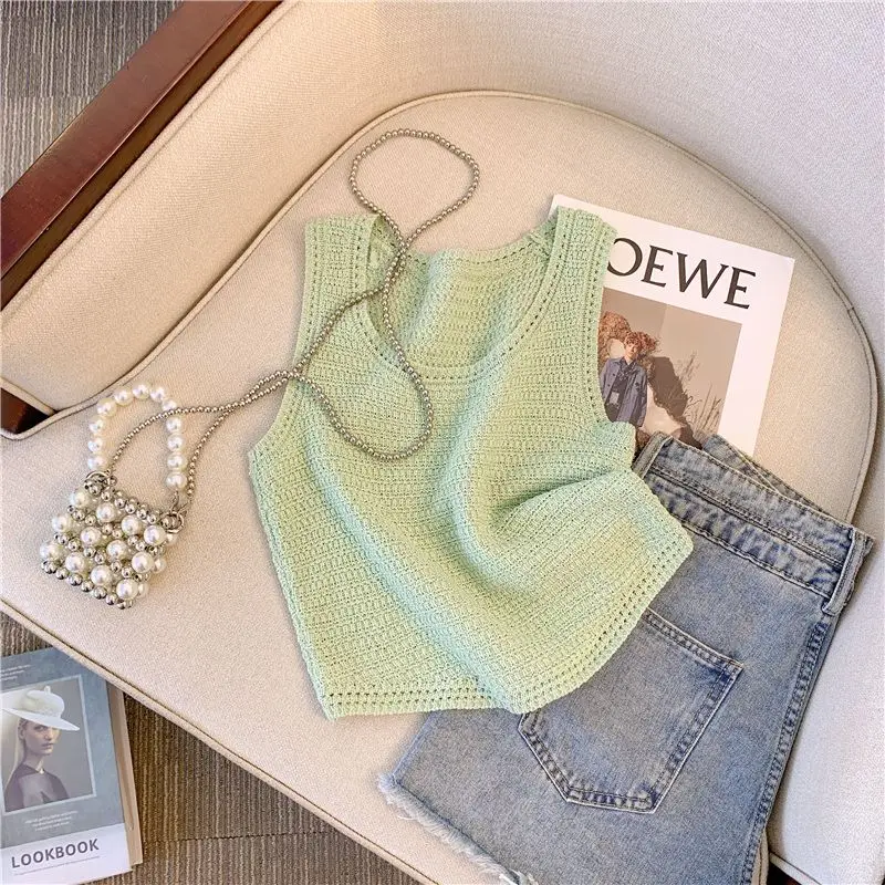 

Fashion Summer Sleeveless Round Neck Knitted Tank Tops Women Ice Silk Solid Color Vest Camis Tops for Women Causal Camisole D57