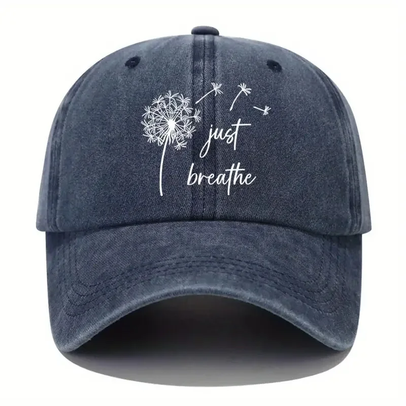 Trendy Dandelion JUST BREATHE Baseballkappe, gewaschener Sonnenhut für Männer und Frauen, Outdoor-Freizeithüte, Frühling und Herbst im Freien