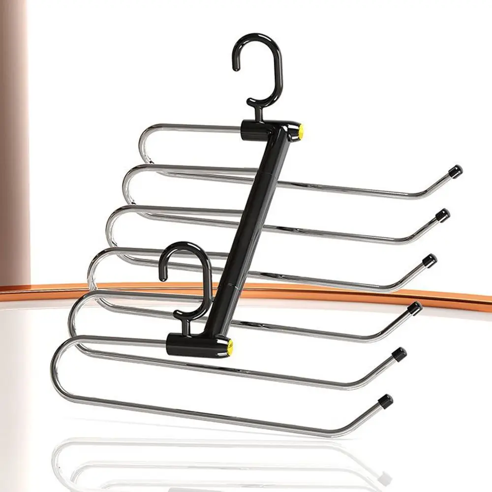 Space Saving Folding Pants Rack Foldable Stainless Steel L-Type Closet Organizer Multi Functional Non Slip 6-layer Pants Hangers