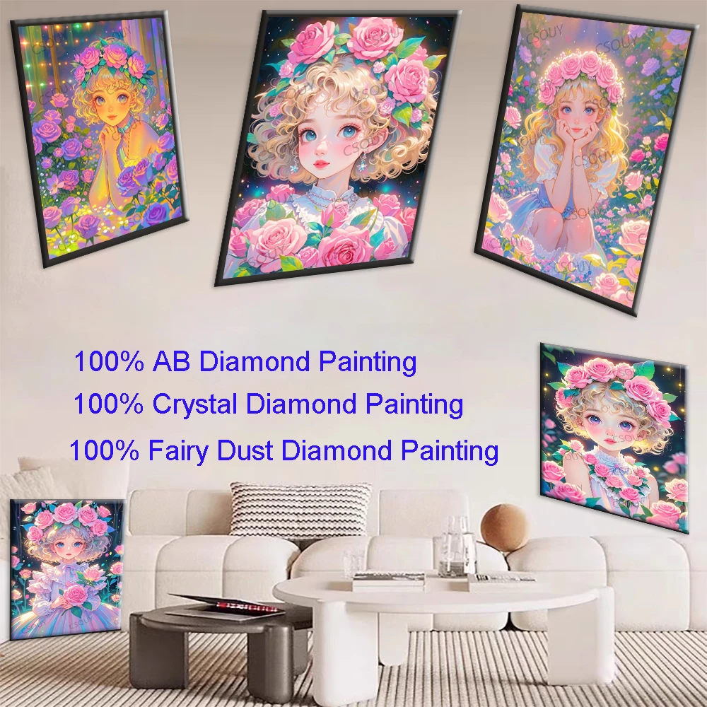 illustration Girl Flowe 100% Fairy Dust Square Diy Diamond Painting Cross Stitch Embroidery Mosaic Home Decor Needlework Crystal