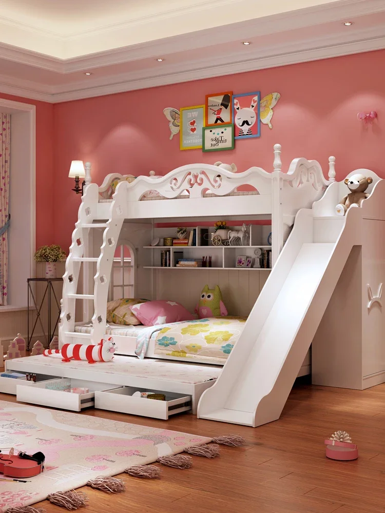 Upper and lower bunk beds, upper and lower bunk beds, high and low bunk beds, dreamy multifunctional solid wood princess beds