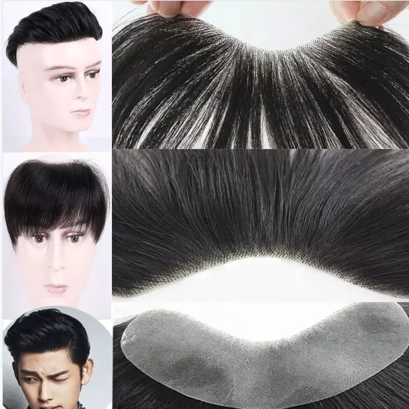 Herren-Toupet mit dünner PU-V-Loop-Haarsystemeinsatz, 6 Zoll, Remy-Echthaar-Haarteil für Männer, 1B V-Frontal-Toupet – Detail 13