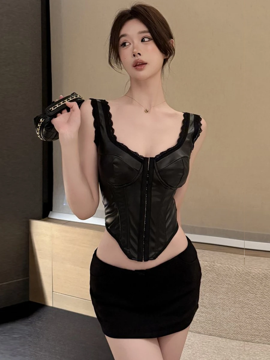 Retro Pure Desire Sexy Lace Square Collar Splice PU Leather Fishbone Button Camisole Hot Girl Inner Wear Top Breathable Short...